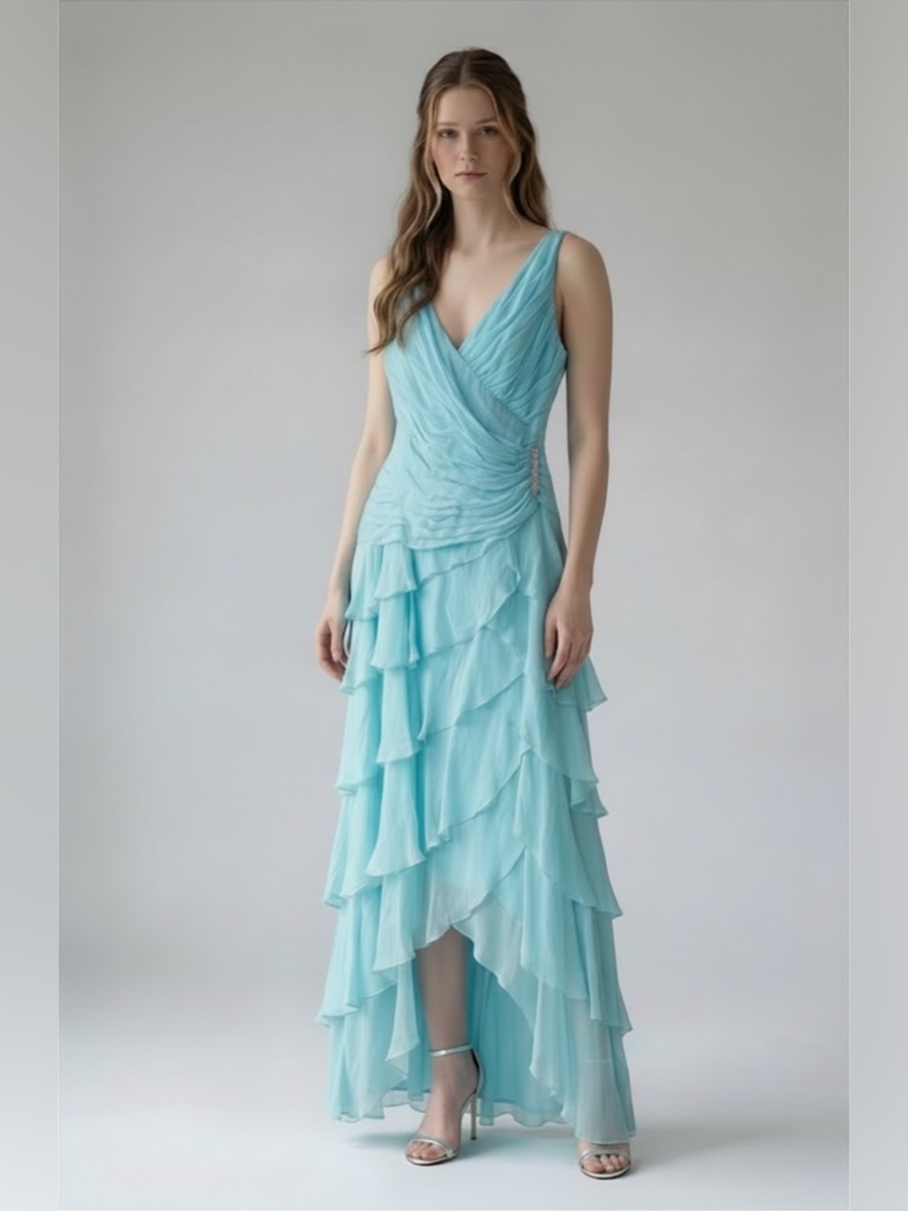 Tadashi Shoji Aqua tiered Silk Chiffon ruffle Fairy y2k Evening prom Formal gown